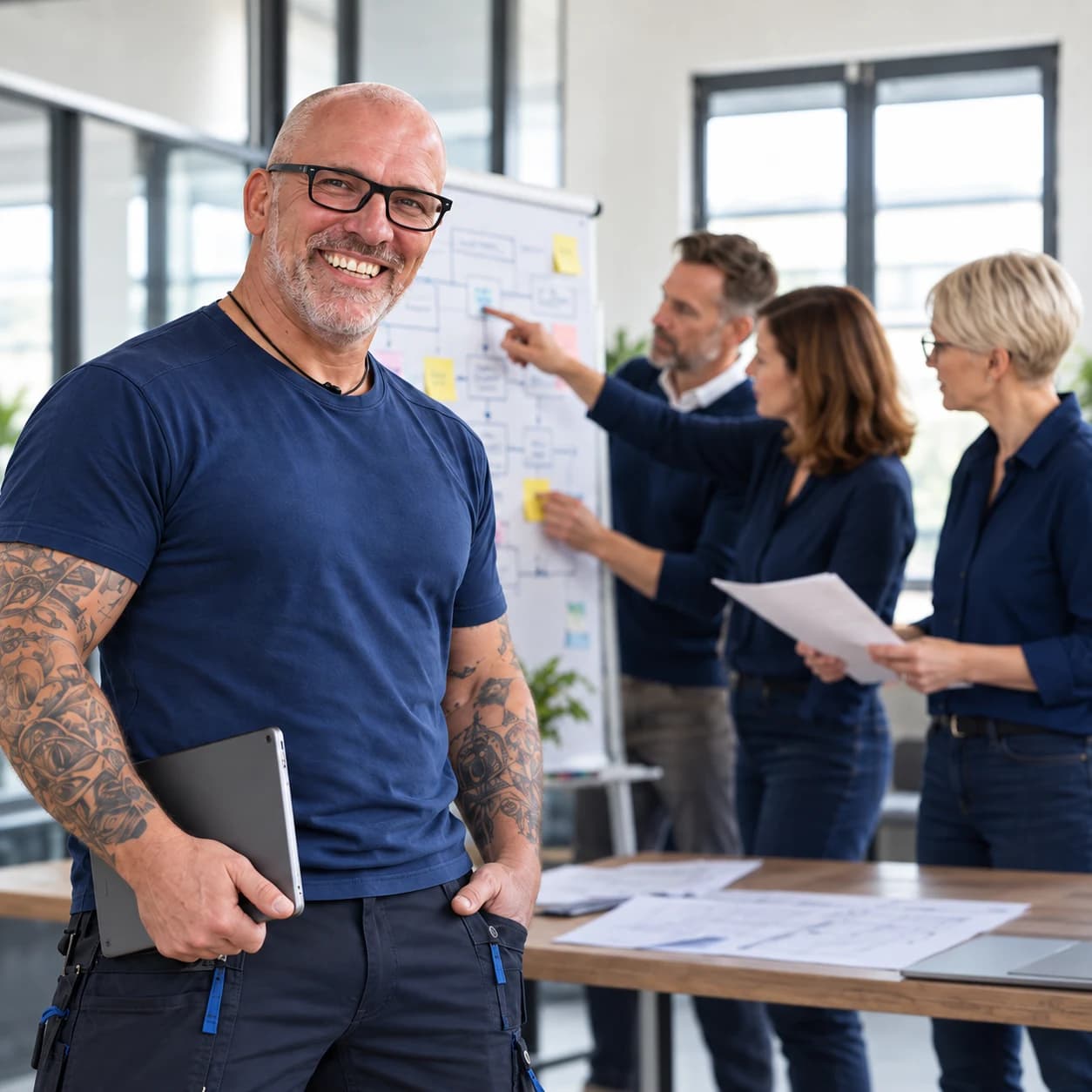 Handwerker mit Tablet im Vordergrund, während ein Team im Hintergrund seine Unternehmensprozesse optimiert