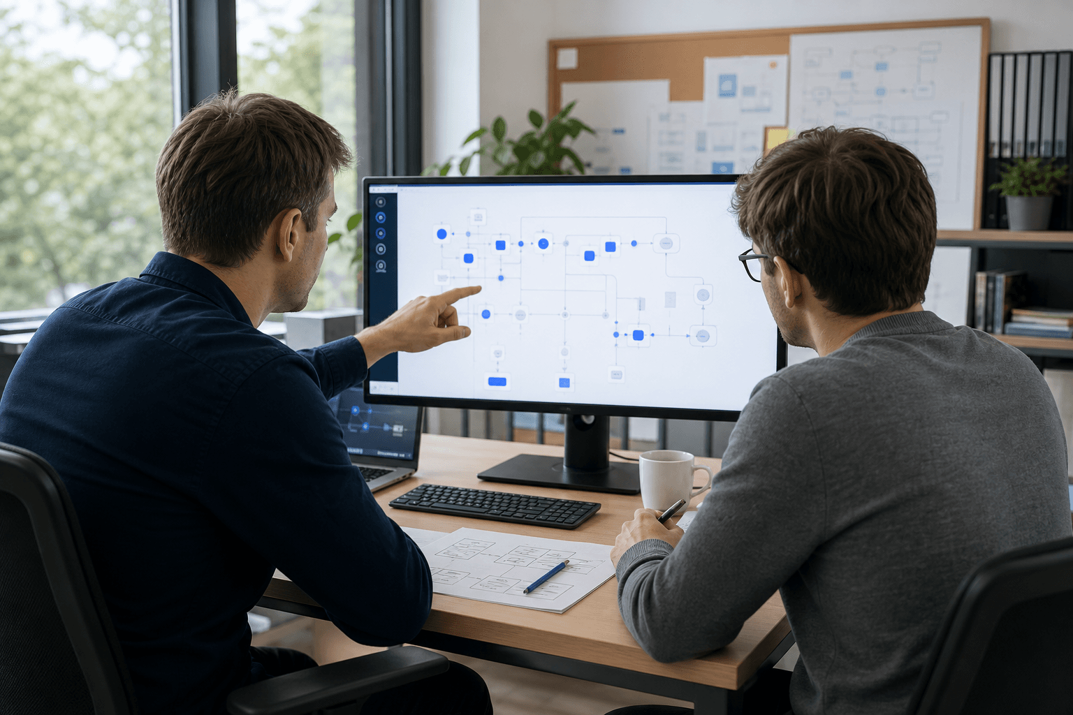 Zwei Softwareexperten besprechen einen digitalen Prozess an einem Monitor