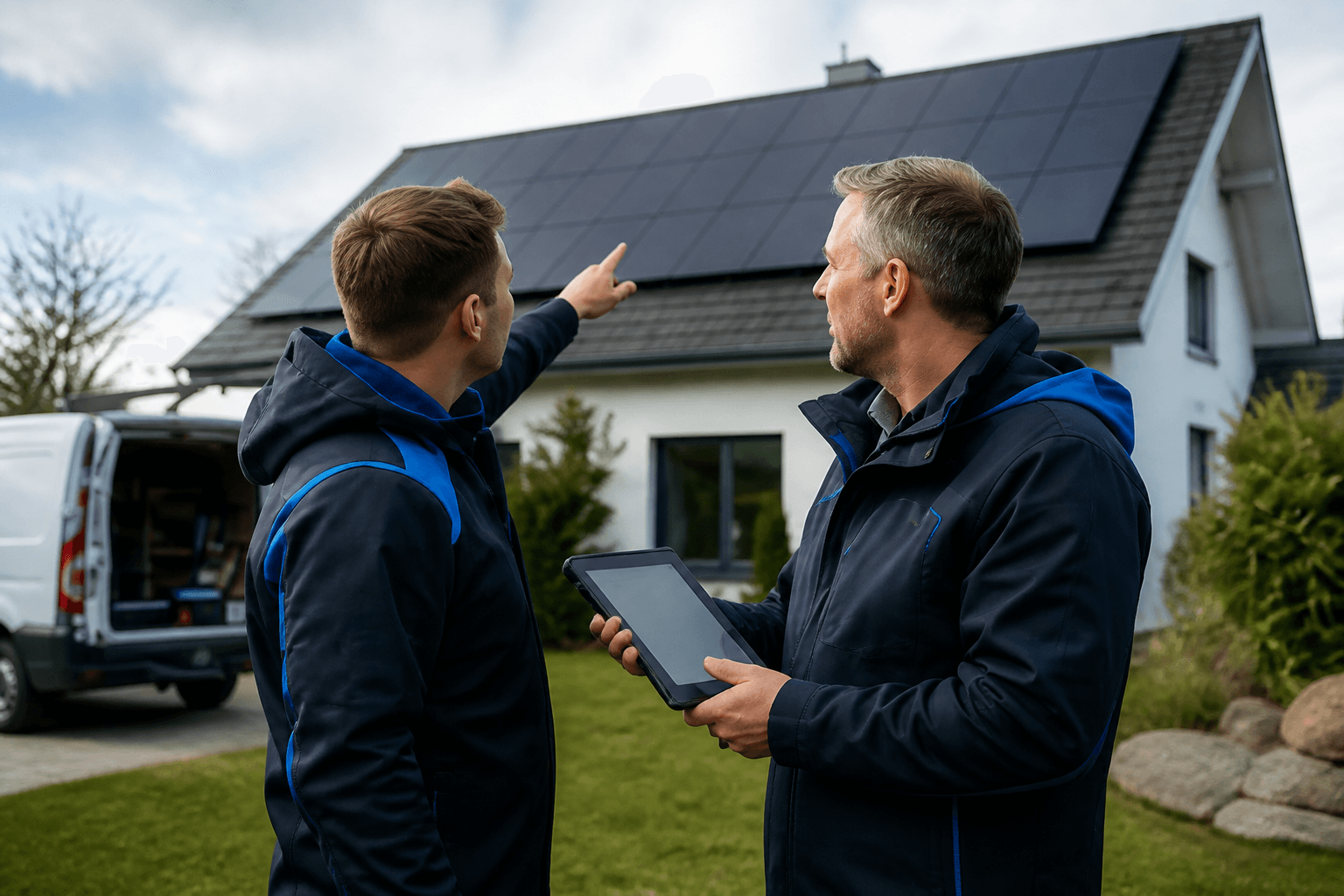 Zwei Solarteure besprechen eine Photovoltaikanlage vor einem Einfamilienhaus
